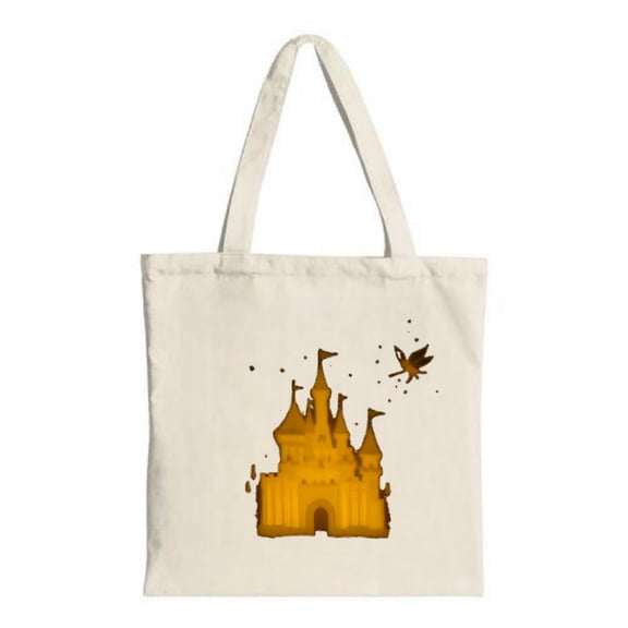 Stylish Cream Tote Bag with Golden Castle Design Perfect for Shopping Travel & Parties - Multifunctional Canvas Bag