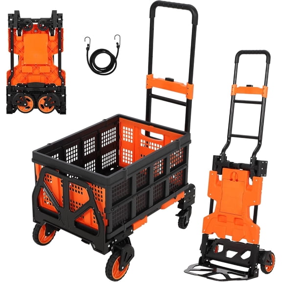 Folding Hand Truck 330 lb Capacity - 2-in-1 Dolly Flatbed Cart Retractable Handle Rubber Wheels Foldable Basket