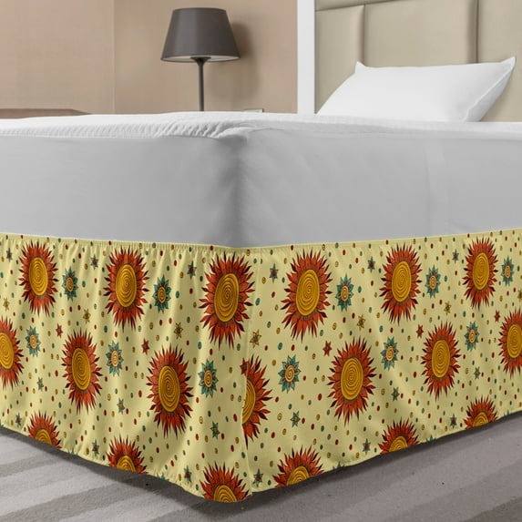 Floral Bed Skirt, Colorful Sunflower Petals Harvest Season Autumn Blossoms Motif Print, Elastic Bedskirt Dust Ruffle Wrap Around for Bedding Decor, 4 Sizes, Pale Yellow and Multicolor, by Ambesonne
