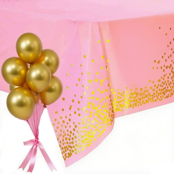 4-Pack Gold Foil Polka Dot Plastic Tablecloths - 54x108 Inch Pink Gold Disposable Table Cover for Wedding, Birthday Party, Decorations (Pink & Gold)