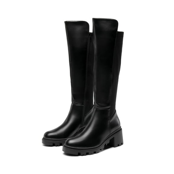 BURUDANI Women's Wide Calf Knee High Boots, Low Stacked Heel Riding Boots