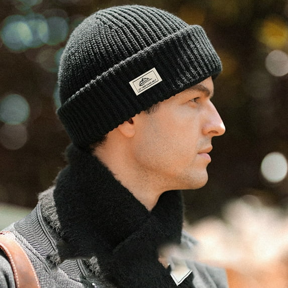 Mightlink Men Knitted Hat Two Way Wearing Thicken Dome Brimless Solid Color Cold Proof Autumn Winter Face Cover Skull Cap for Outdoor