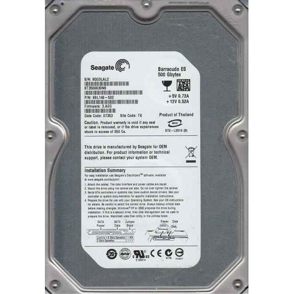ST3500630NS, 9QG, TK, PN 9BL146-502, FW 3.AEG, Seagate 500GB SATA 3.5 Hard Drive