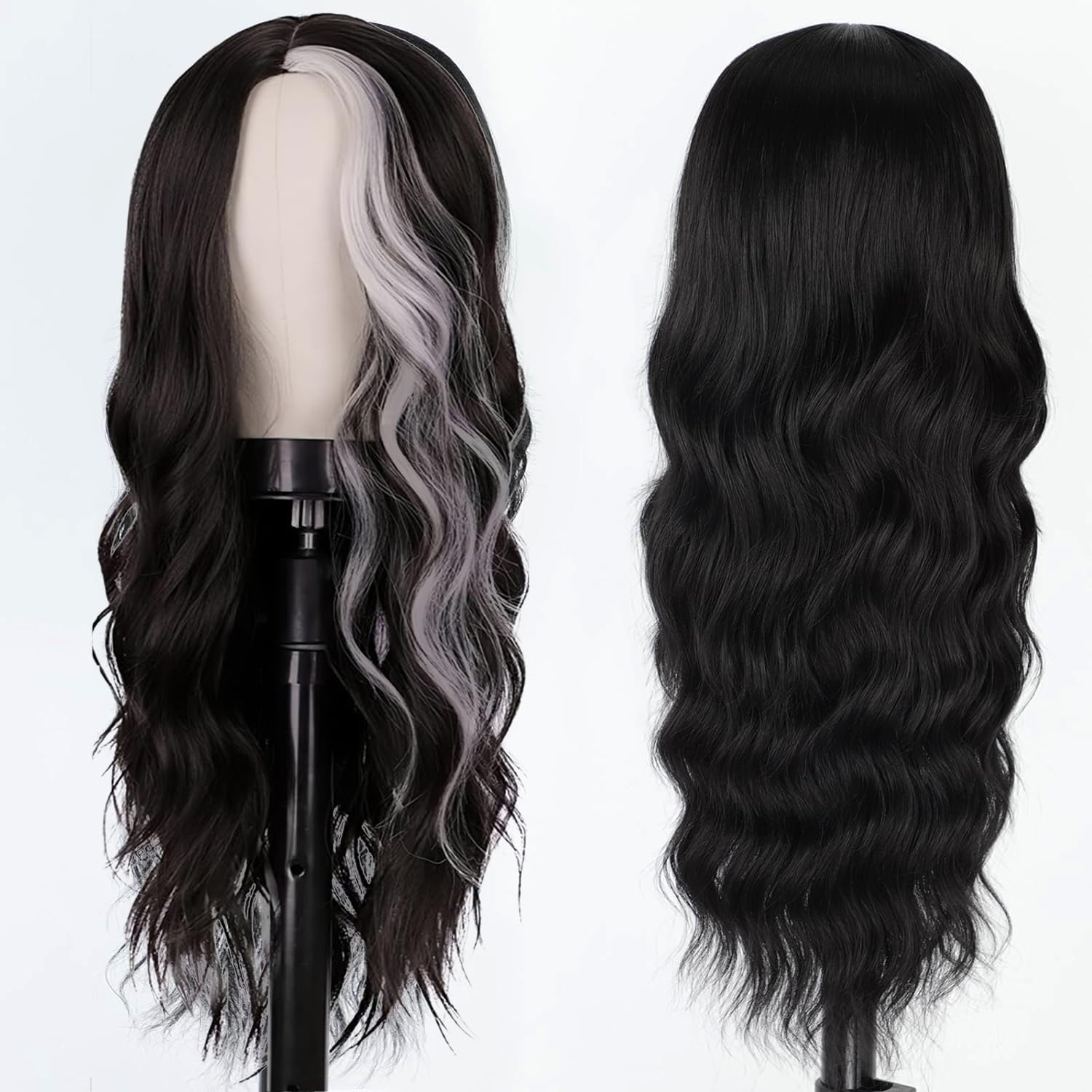 Long Wavy Black White Wigs for Women 26 Inch Middle Part Curly Wavy Wig Natural Looking Synthetic Heat Resistant Fiber Wig for Daily Party Use