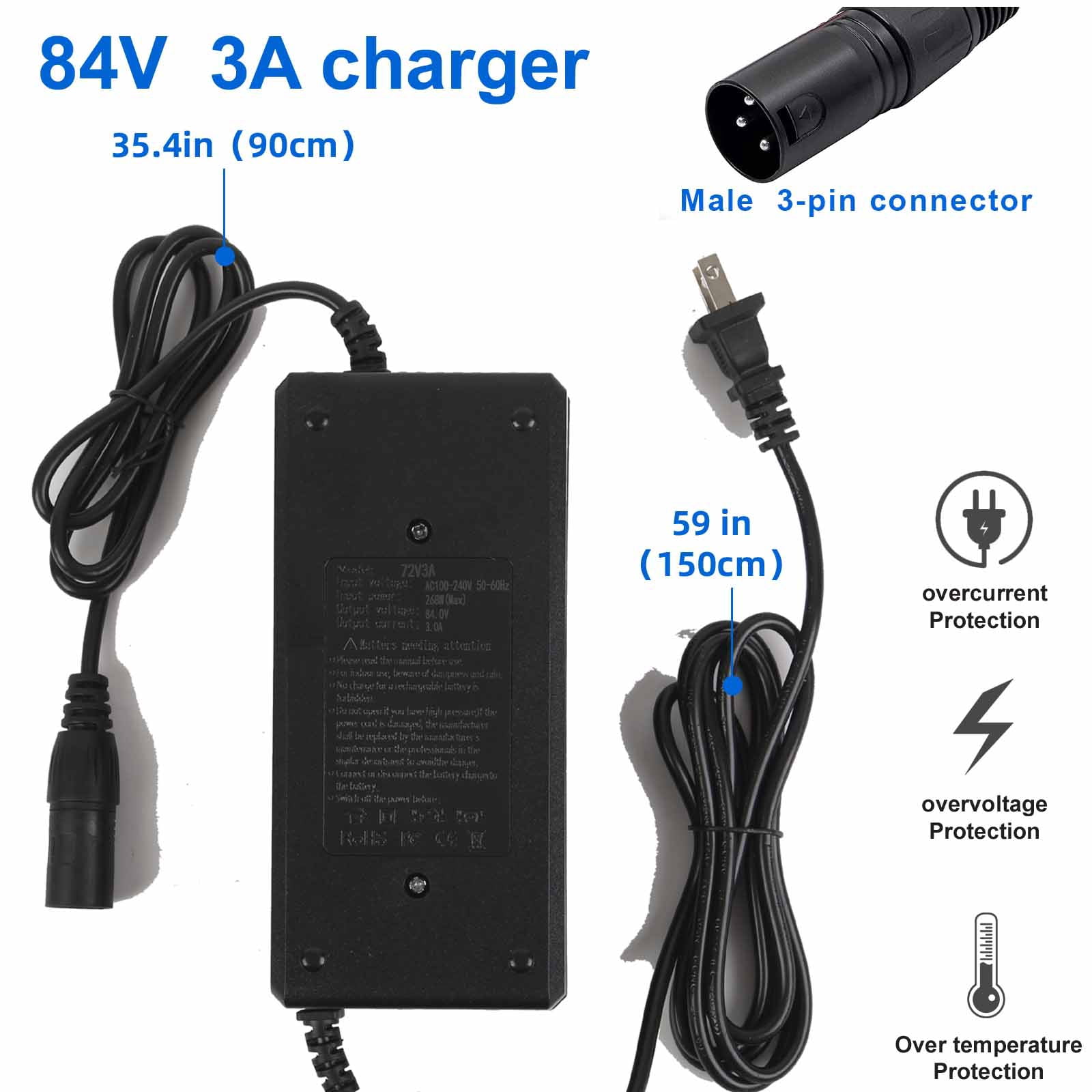 72V 20Ah Ebike Battery 72V Battery 72V Lithium Ion Battery 72V Electric Bike Battery with 3A Charger, XT60 Extension Cord, XT90 Connector for 200-3000W Electric Bicycles Motor