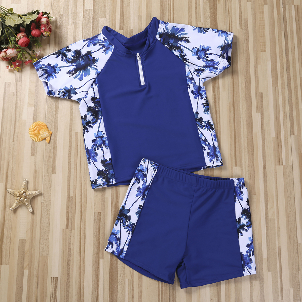 VENNETTOS - Couple Matching Plain Tankini Top / Swim Pants / Swim Shorts /  Leaf Print Zip Rash Guard / Swim Trunks / Set