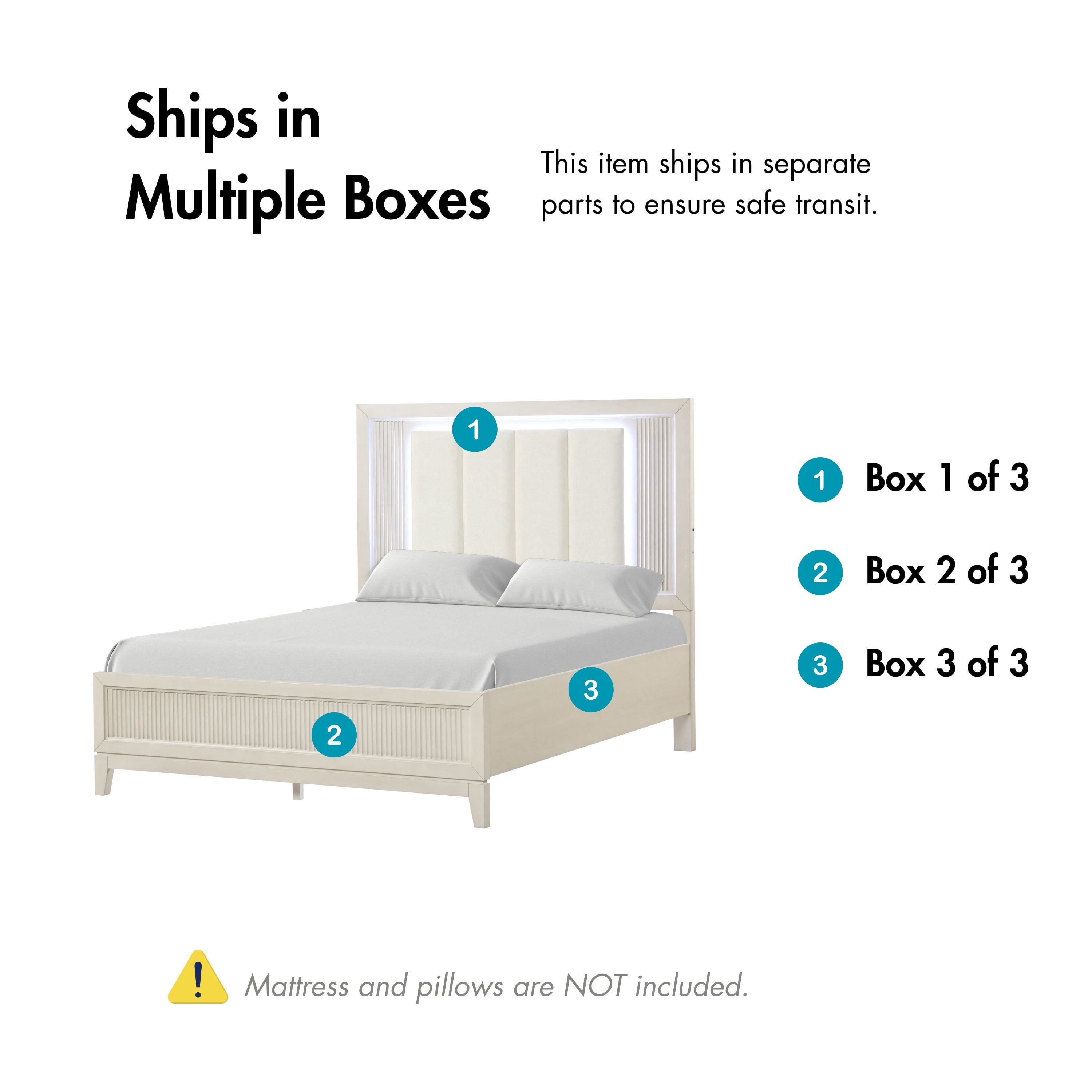 Furniture of America Fenton Solid Wood King Panel Bed with LED Light, Antique White