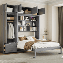 Queen Size Murphy Bed Wall Bed with Wardrobe and Bookshelves, Multi-Functional Murphy Cabinet Bed, Queen Foldable Platform Bed for Office Guest Room, Gray