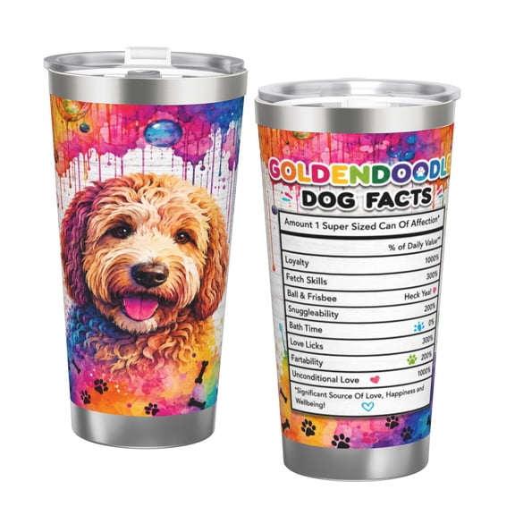 20oz Goldendoodle Dog Facts Insulated Tumbler with Handle and Straw Colorful Travel Cup Gift for Dog Lovers with Double Silver Rim