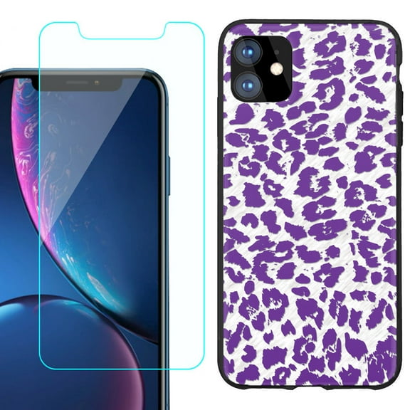 For Apple iPhone 11 Phone Case , Slim-Fit TPU Protective Case (Black), with Tempered Glass Screen Protector, by OneToughShield ® - Cheetah Purple
