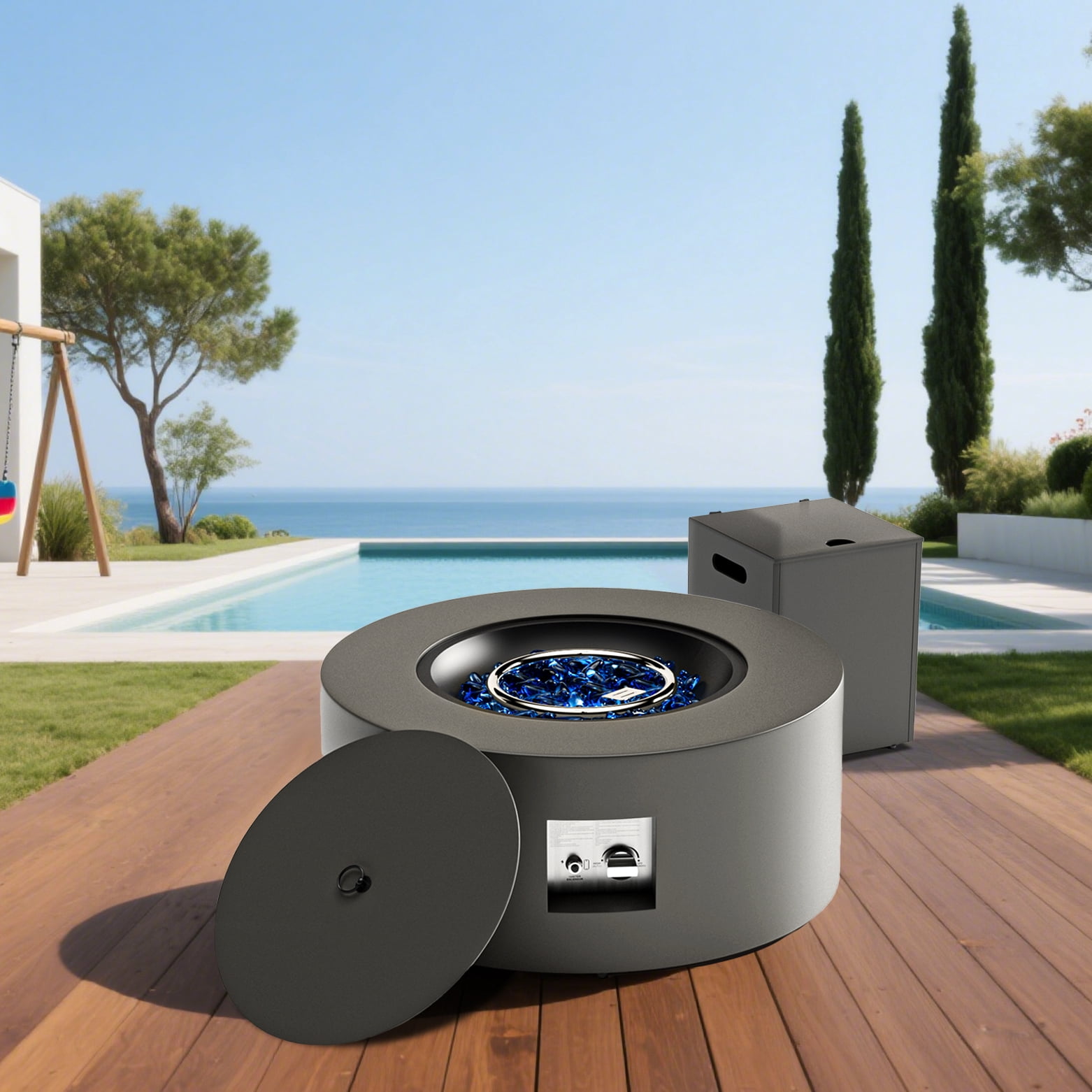 30" Dark Grey Round Outdoor Propane Fire Pit Table with Tank Storage | 50,000 BTU Heat | CSA Certified | Includes Cover & Stones