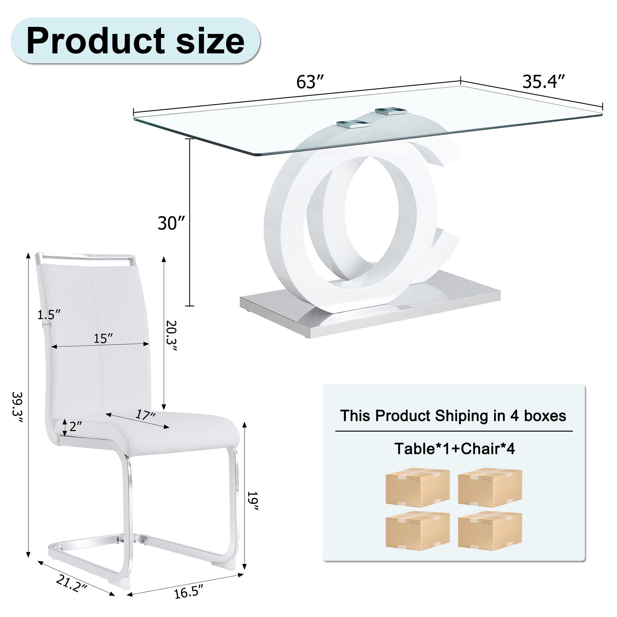 LUFTUT 7-Piece Glass Dining Table Set for 6, 63" Rectangular Tempered Glass Table with White OC-Shaped MDF Pedestal & Silver Base, 6 PU Leather Chrome Cantilever Chairs