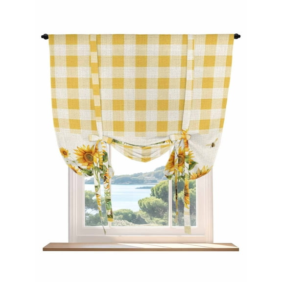 Sunflower Tie Up Curtains for Windows 63 Inch Length Balloon Curtains Kitchen Adjustable Balloon Window Shade Retro Buffalo Plaid Yelloe Beige Country Bee Tie Up Bathroom Curtain Window 42"x63"