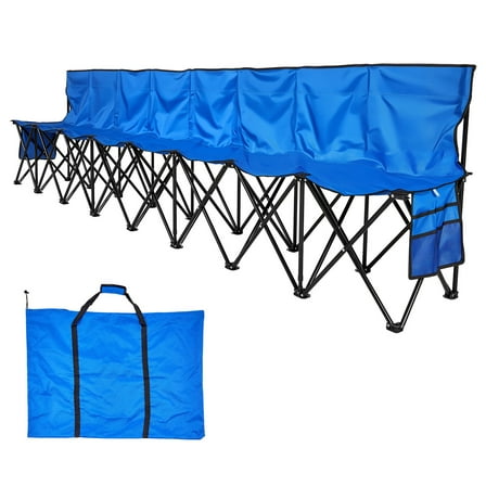 KFFKFF Portable Folding Bench, 8-Seat Foldable Sideline Seating with Backrest, Side Pockets, and Carry Bag for Soccer, Baseball, Camping, Outdoor Activities, Blue