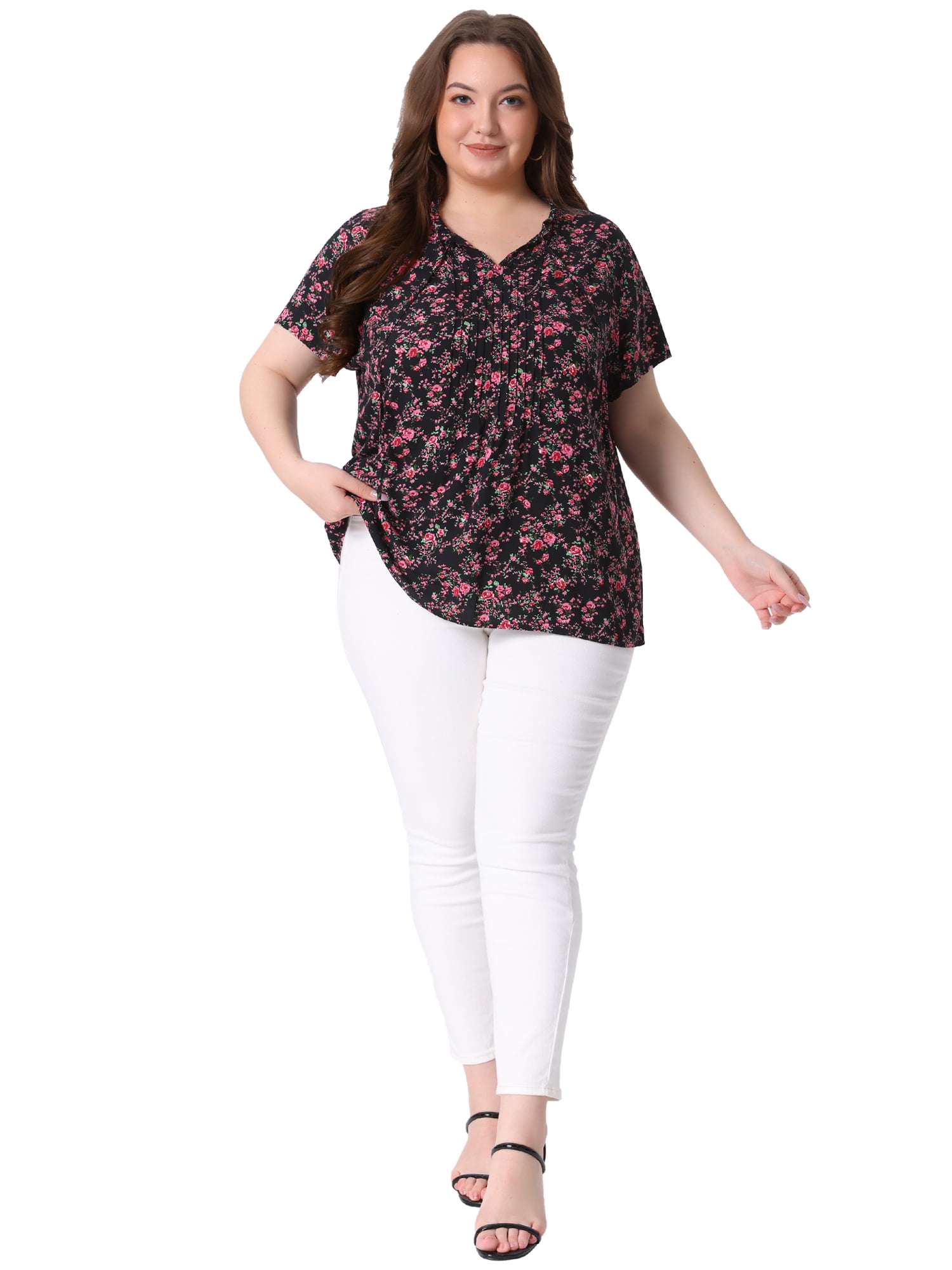 DARING DIVA Women's Plus Size Tie Neck Short Sleeve Pleated Floral Tops 3X Black Red
