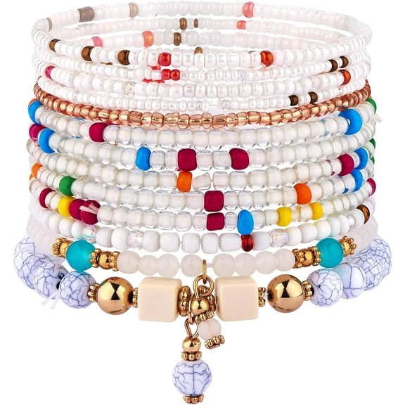 11 Pcs Seed Beaded Bracelets Stretch Boho Small Bead Stackable Bracelet Summer Beach Jewelry for Women(White)