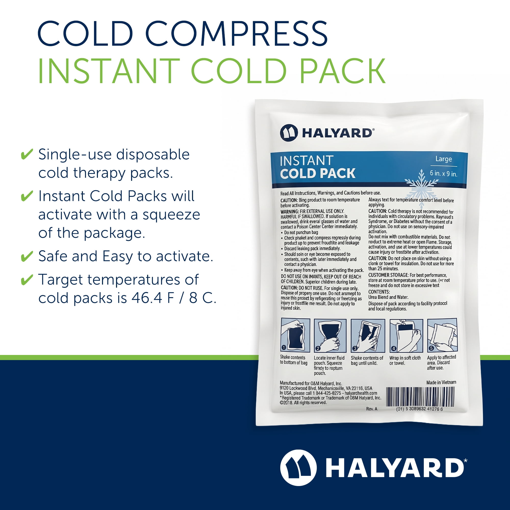 HALYARD Instant Cold Pack Disposable Cold Compress Ice Packs for Swelling Injuries Toothaches Sprains Strains 6 x 9 Inches, 24 Packs Per Case - 51779