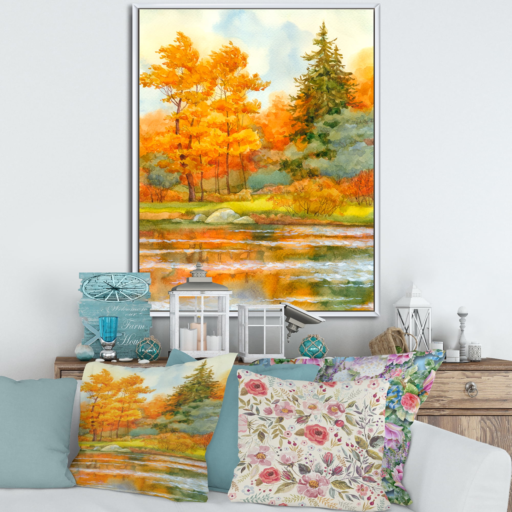 Designart 'Autumn Forest By The Lake Side IV' Lake House Framed Canvas Wall Art Print