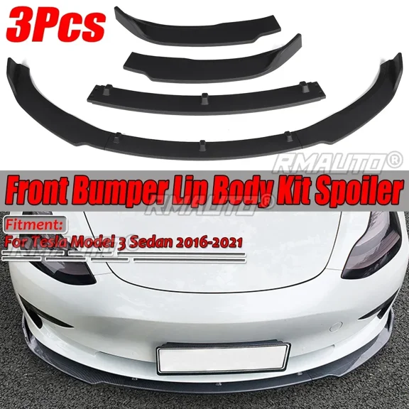 New 3Pcs Carbon Fiber Look/Black Car Front Bumper Splitter Lip Spoiler Diffuser Guard For Tesla Model 3 Sedan 2016-2021 Body Kit