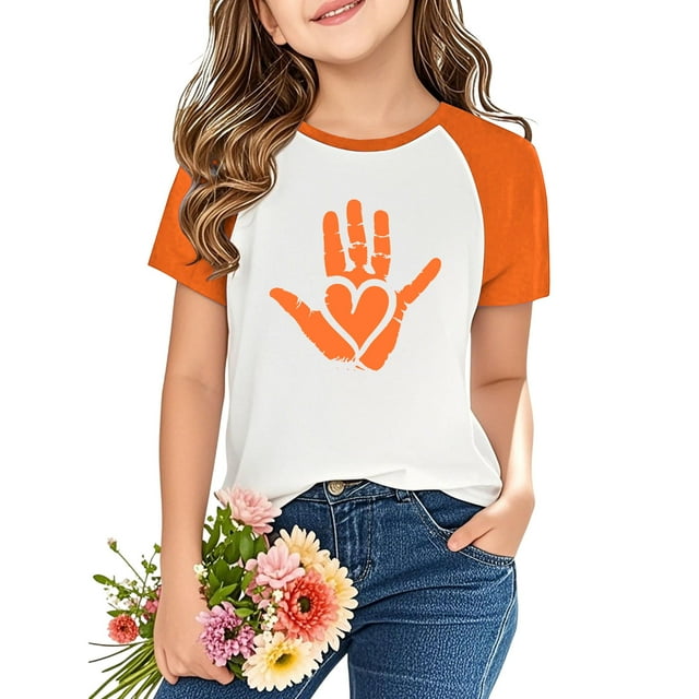 Économies d'Été! SROBPTY Chemises à Manches Courtes pour Tout-Petits, Hauts Décontractés à Manches Courtes Imprimés avec Manches Raglan pour Garçons et Filles de 3 à 14 Ans Orange, 9 Ans