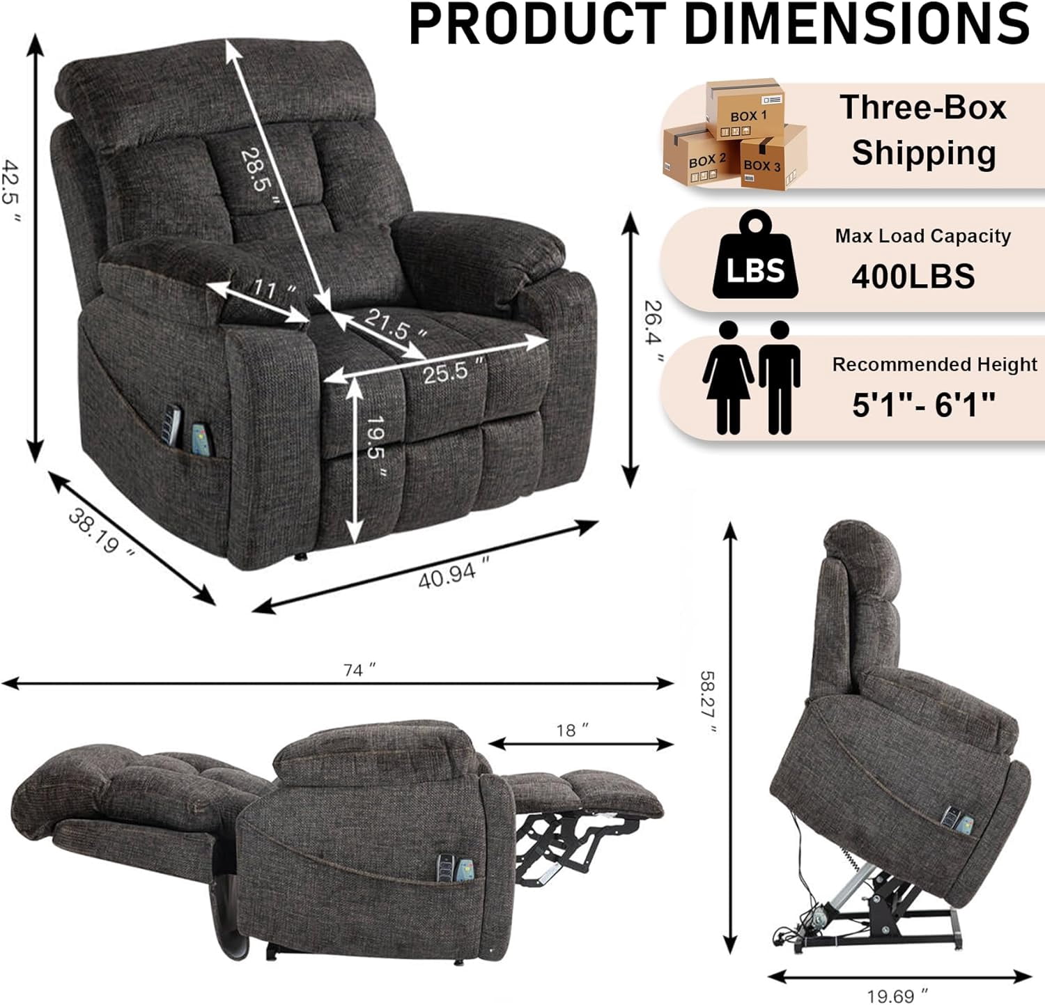REHOUSING Adult Chenille Living Room Lay Flat Power Lift and Heat and Massage Recliner, Black