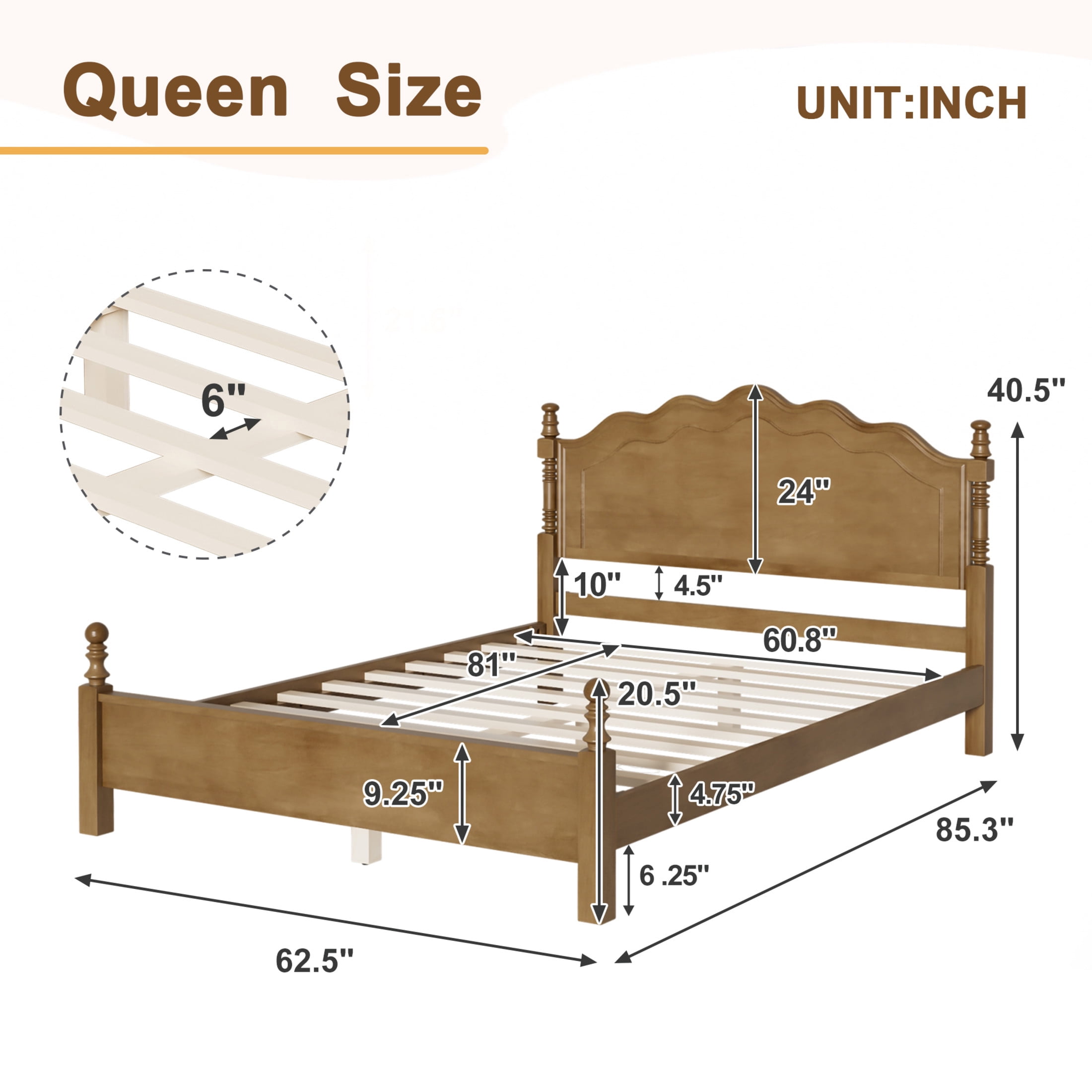 Noble House Queen Size Wood Platform Bed with Curved Headboard, Spindle Posts, Dark Oak
