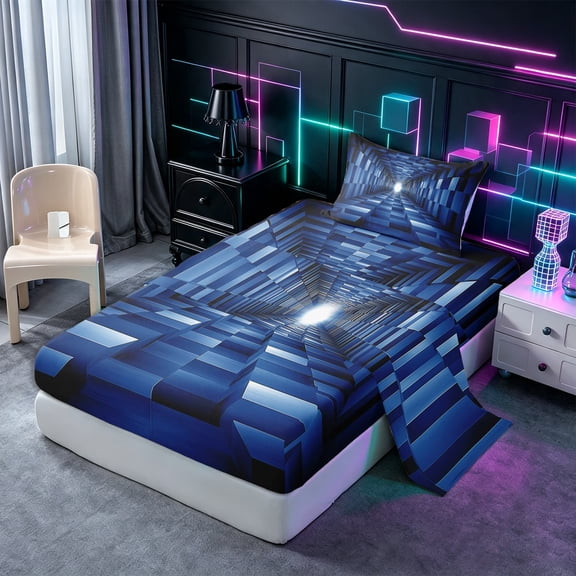 Castle Fairy Futuristic Cubes Tunnel Twin Sheets 3pcs,Geometric Block Bedding,Navy Black,1 Flat Sheet, 1 Fitted Sheet and 1 Pillowcase