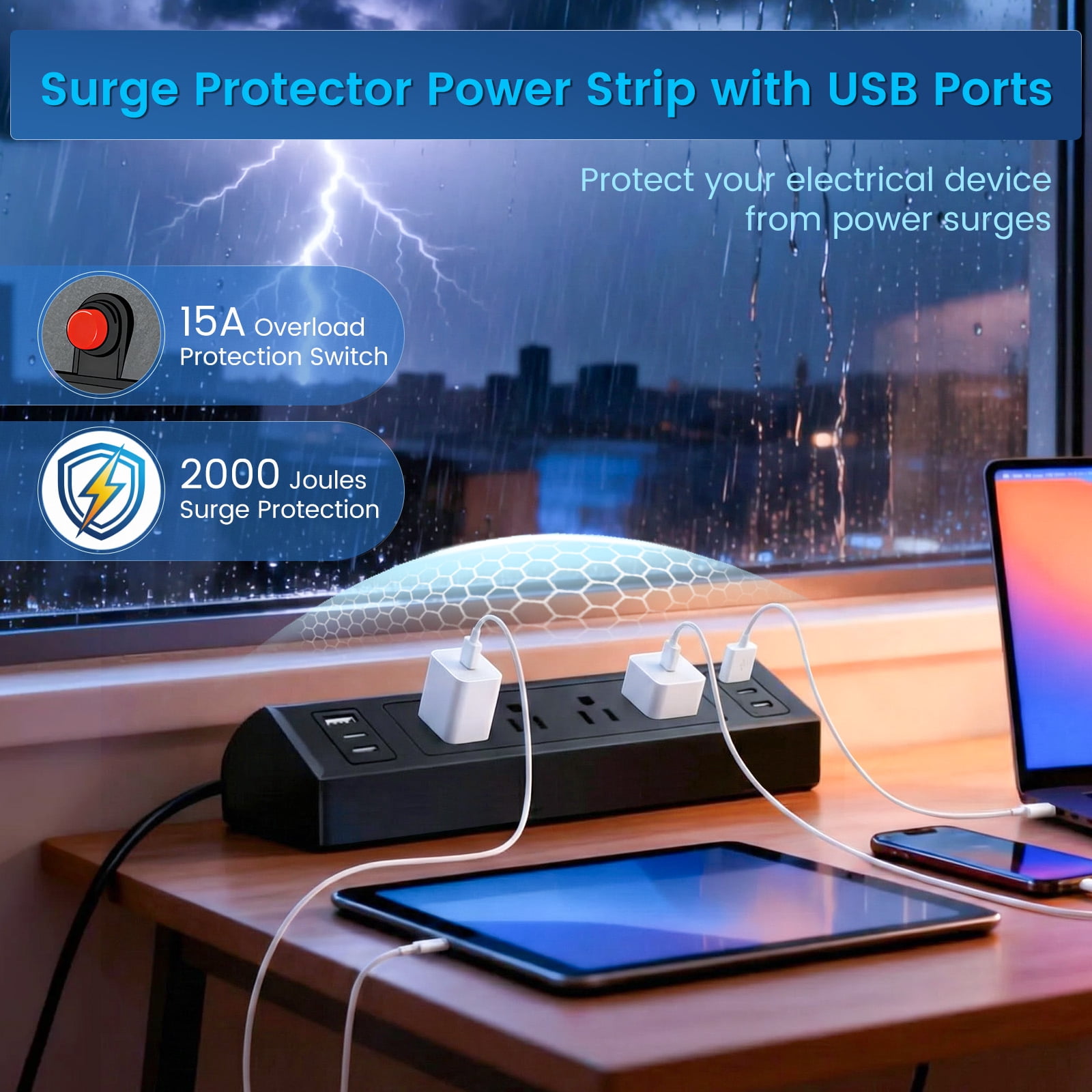 ZHANGONG Desk Clamp Power Strip with 4 AC Outlets & 6 USB Ports (4 USB-C), 2000J Surge Protector, 1875W, 6.5FT Flat Plug for Home Office Desk