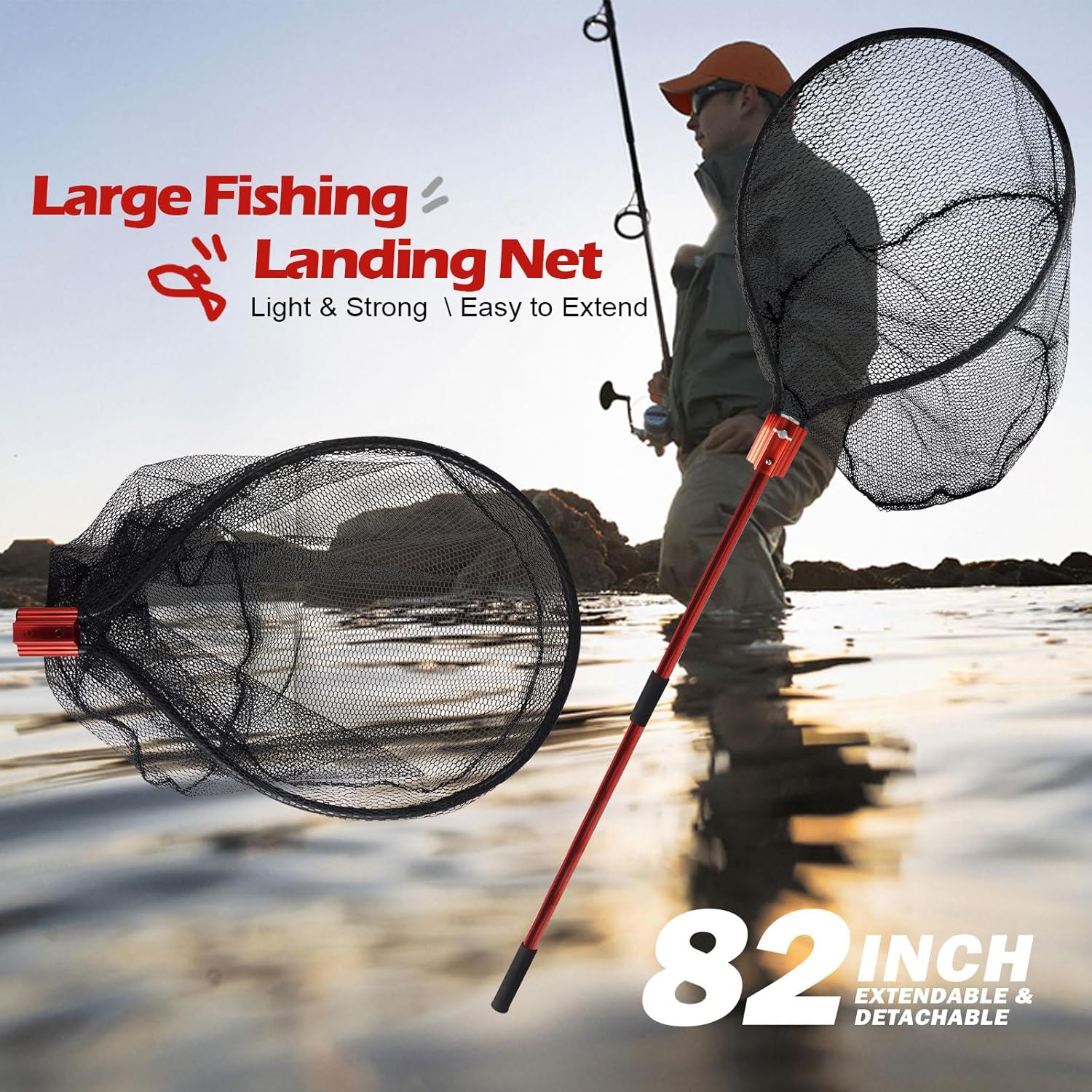 Fish Landing Net with Extendable Aluminum Telescoping Handle, Large Fishing Net for Steelhead,Catfish, Bass, Salmon, Flyfish,Trout, Flagfish, Tuna Fishing net Extend to 82 Inches - HeavyDuty