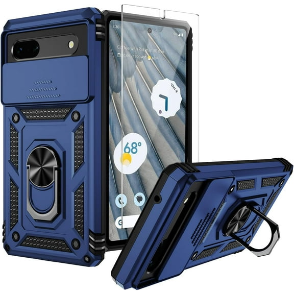 for Pixel 7 Case,Slide Camera Cover HD Screen Protector Military Grade Non-Slip Shockproof Kickstand Protective Case for Google Pixel 7 (Classic Blue)