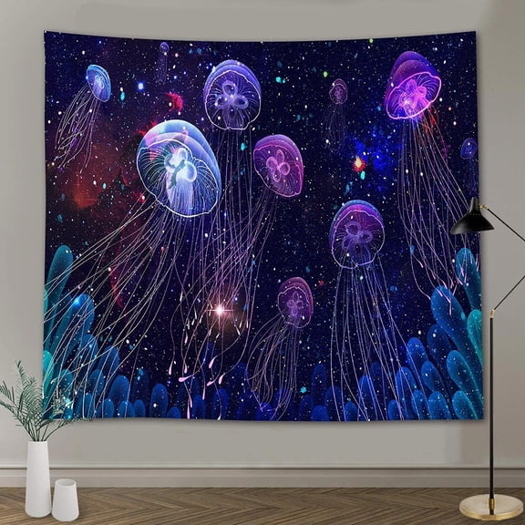 Gojian Jellyfish Tapestry Marine Life Under The Night Stars Wall Hanging Tapestries Colorful Ocean Animal Tapestry 60x40inch Small Size Living Room Dorm Wall Backdrop GTLSAY542