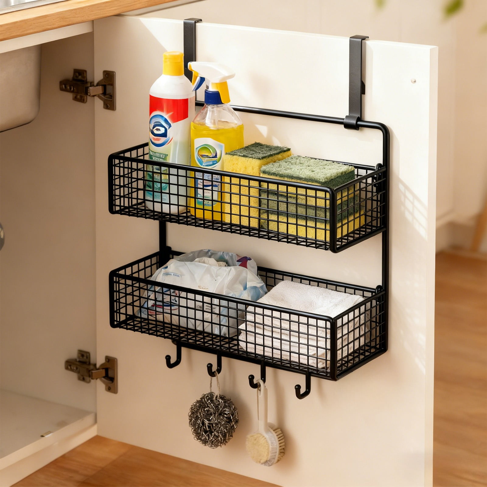 Over The Door Two Tier Storage Basket Organizer with Hooks, Space-Saving Hanging Shelf for Bathroom, Kitchen, Pantry, Tool-Free Setup, Large Capacity for Toiletries, Snacks and Daily Essentials