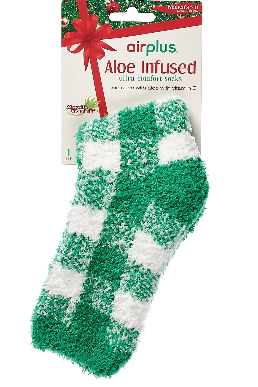 Airplus Aloe Infused Spa Crew Socks, Green Check Me Out,  Women's Medium 1 Pair, Size 5-10