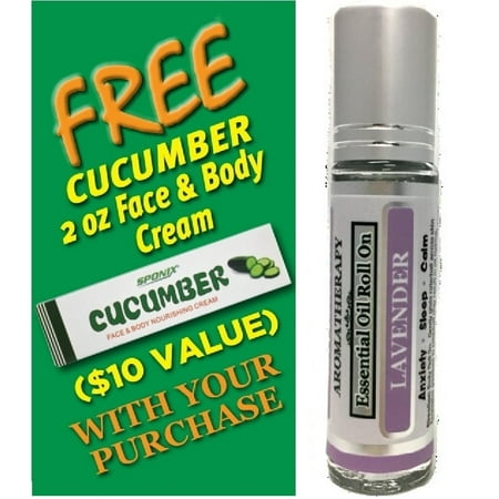 Lavender Body Roll on 10 mL - Essential Oil Infused Aromatherapy Roller Oils - with FREE Cucumber Face & Body Nourishing Cream by Sponix