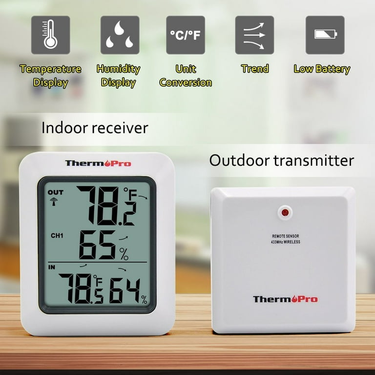 Termómetro humedad monitor con indicador de temperatura y medidor de  humedad Thermopro tp60, interior y exterior, digital inalámbrico, alcance  200 ft