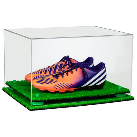 Deluxe Clear Acrylic Large Shoe Pair Display Case for Basketball Shoes Soccer Cleats Football Cleats with Green Risers and Turf Base