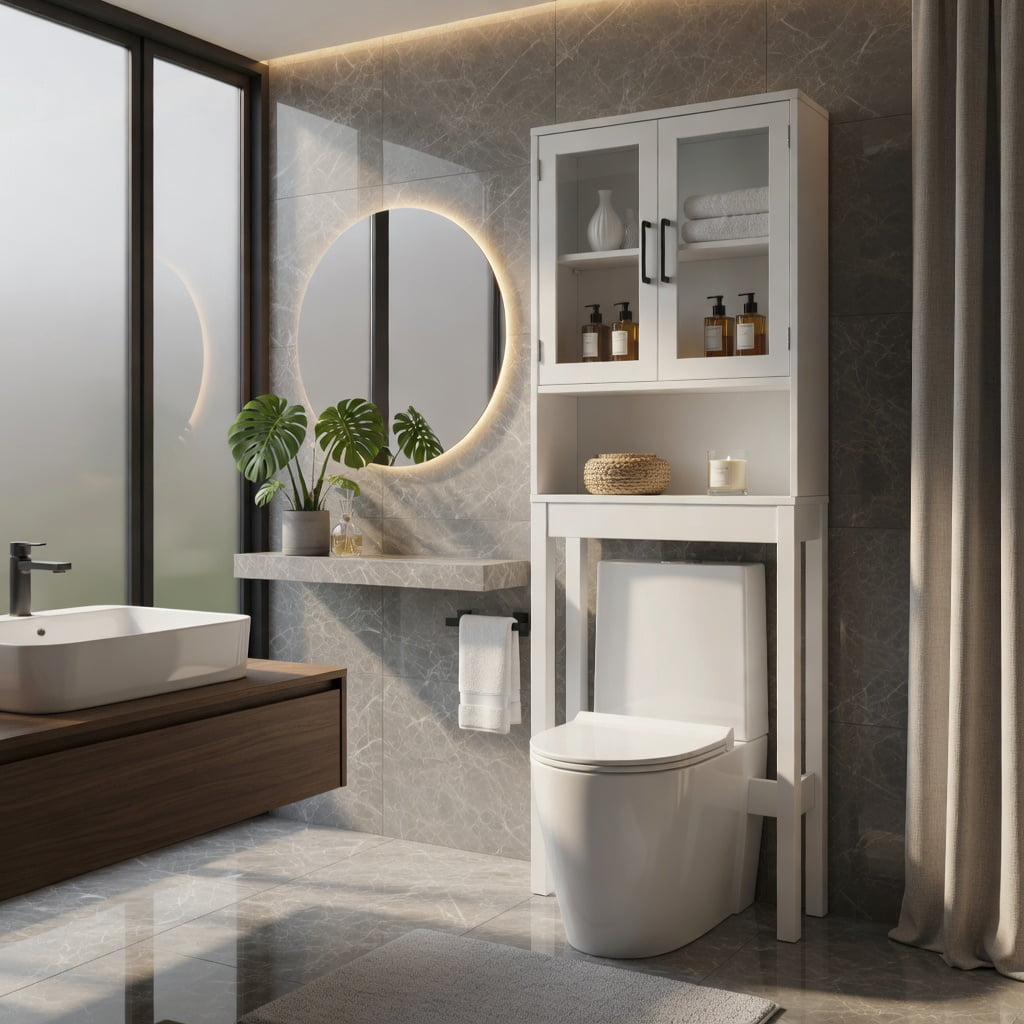 Hommoo Over the Toilet Storage Cabinet with Tempered Glass Doors, Bathroom Space Saver, Adjustable Shelf, Wall-Safe Anti-Tip Design, White