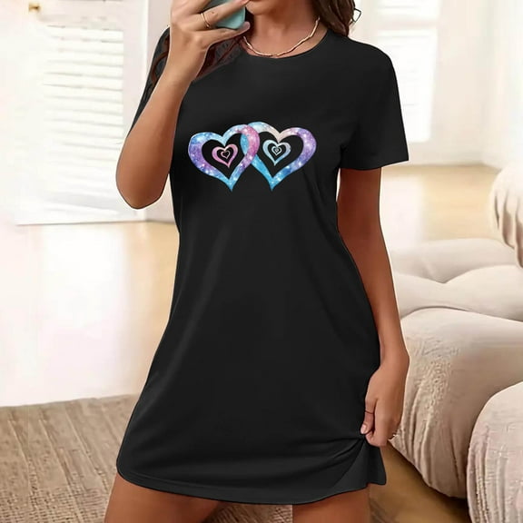 Sakmal Short Moomoo House Dress for Women Black Comfy Mumu Dress Rainbow Heart Print Short Sleeve Nightgowns for Women