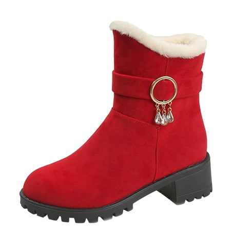 

SEMIMAY Fashion Winter Women Snow Boots Thick Heel Medium Heel Non Slip Sole Solid Color Plush Comfortable Suede Leather Side Zipper Rhinestone Red