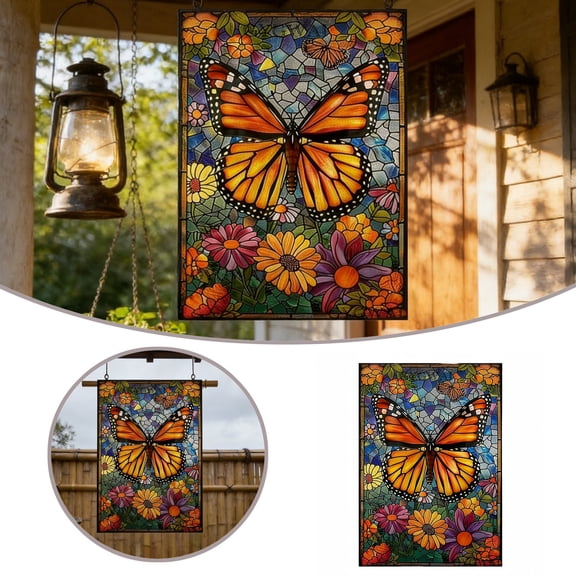 Spring Summer House Flag 28x40in Double Sided Stained Glass Large Butterfly Garden Flag Flower Yard Flags for Outside Decoration