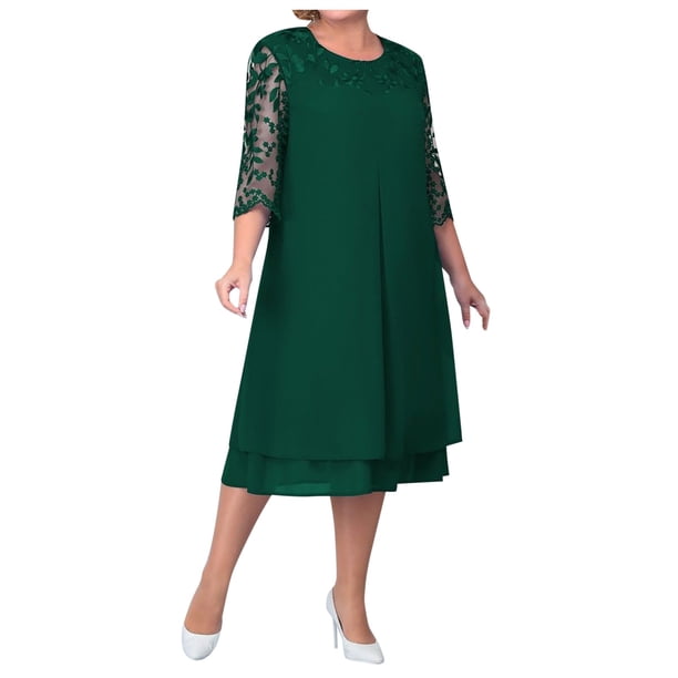 Vestido floral bordado para mujer talla grande - Manga 3/4, gasa, corte A, elegante para bodas/cócteles