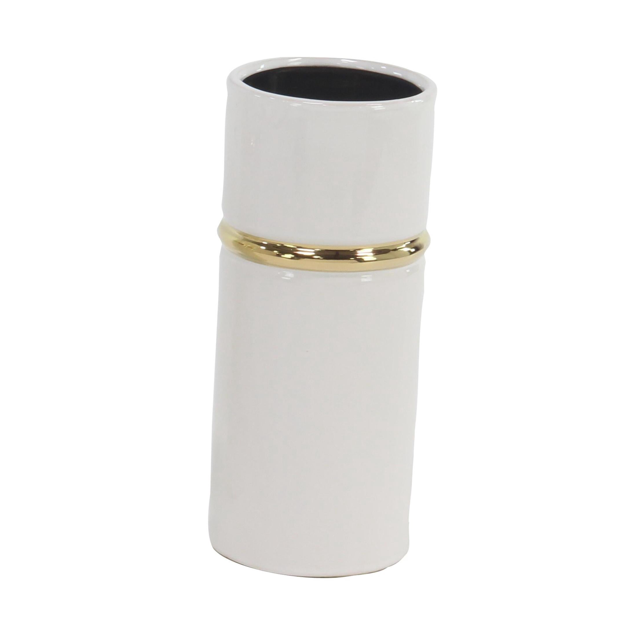 DecMode 12", 14", 16"H White Ceramic Vase with Gold Accents, Set of 3