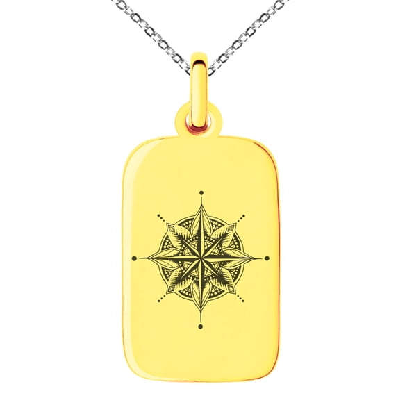 Stainless Steel Nautical Mandala Lotus Compass Engraved Small Rectangle Dog Tag Charm Pendant Necklace