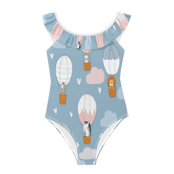 Girls Ruffled One Piece Swimsuit Summer Beach Vacation Swimwear Tank Swimsuit Small Animals on A Hot Air Balloon