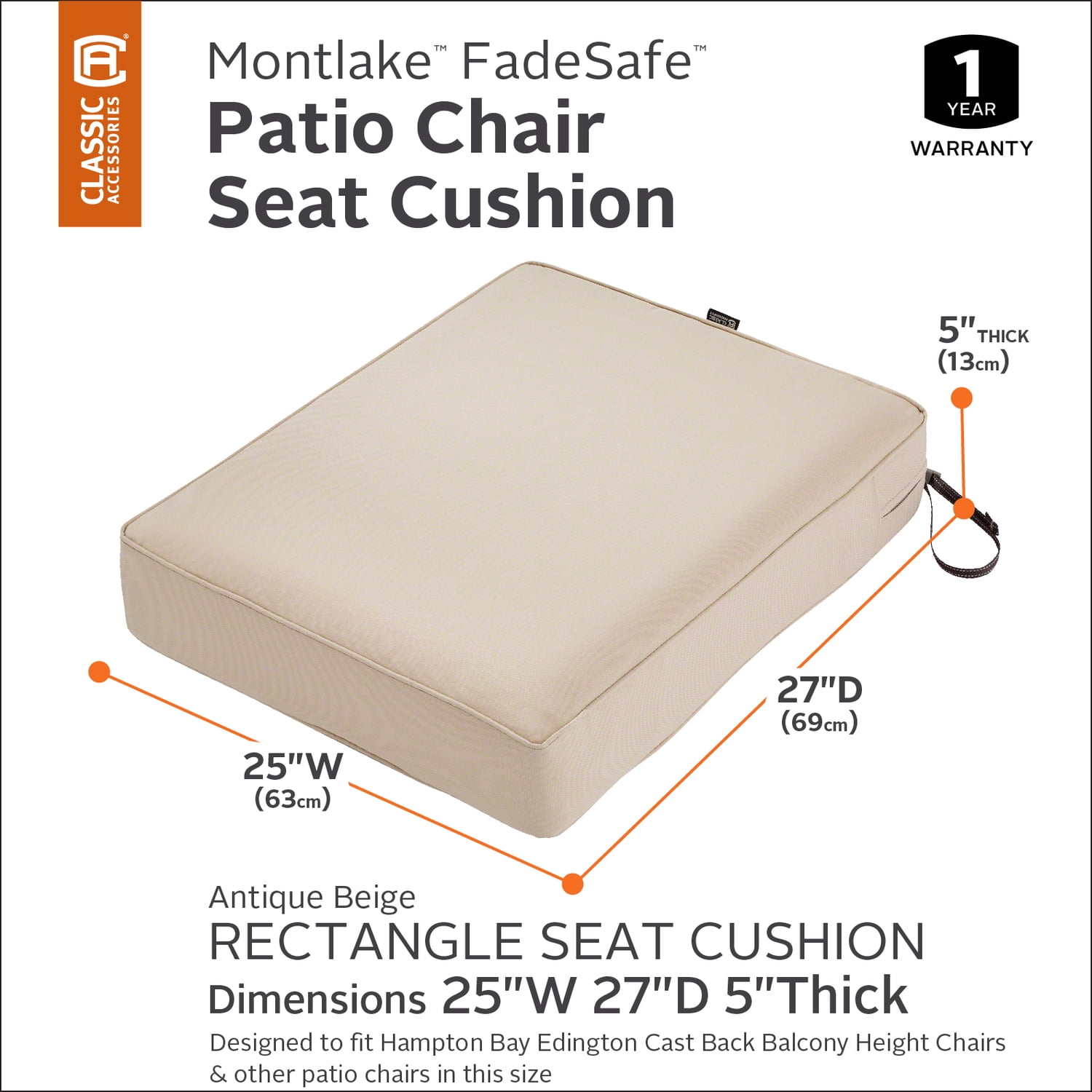 Classic Accessories 25"x27"x5" Beige Lounge Cushion, Montlake