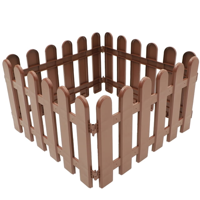 4 piezas decoración de plástico decoración garden garden fence decoración de la cerca de usos múltiples set de 4 paneles color café, vista en esquina de valla baja modular de plástico con listones verticales redondeados y bisagras integradas; cada pieza aprox. 50 x 13 cm; adecuada para bordear macizos, césped, entradas y balcones, diseño reutilizable de estilo pastoral, a menudo usada para separar pequeños parterres o proteger arbustos individuales.
