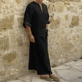 thumbnail image 2 of Thobe for Men Men's Solid V Neck Linen Robe Long Sleeve Kaftan Thobe Long Gown Casual Shirt for Beach Black XL, 2 of 6
