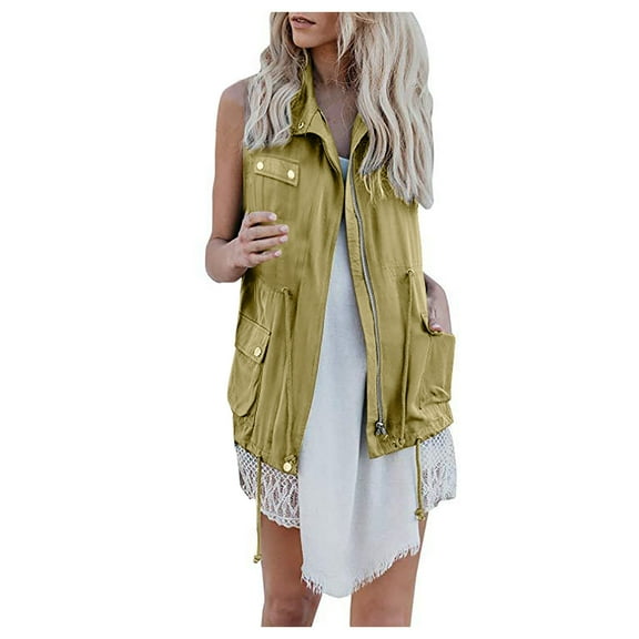 IROINNID Cardigan for Women Open Front Deals Sleeveless Stretchy Jacket Vest With Zipper with Pocket,Khaki