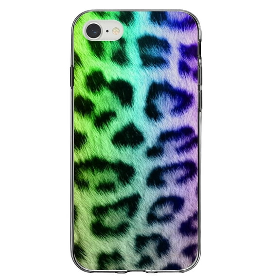 DistinctInk Clear Shockproof Hybrid Case for iPhone 7 8 SE (2020 Model) 4.7" Screen TPU Bumper Acrylic Back Tempered Glass Screen Protector - Rainbow Leopard Cheetah Fur Print