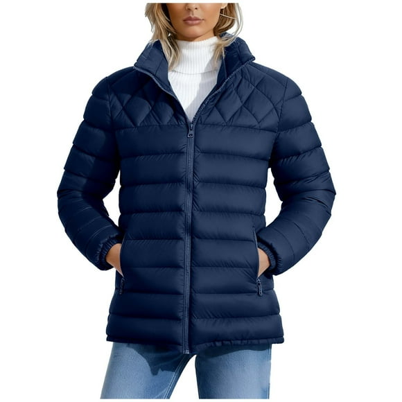 Mceream Women's Puffer Jackets Quilted Packable Puffy Coats Lightweight Winter Warm Zip up Down Jacket Stand Collar Outerwear Plus Size Outwear Abrigo De Mujer Navy L
